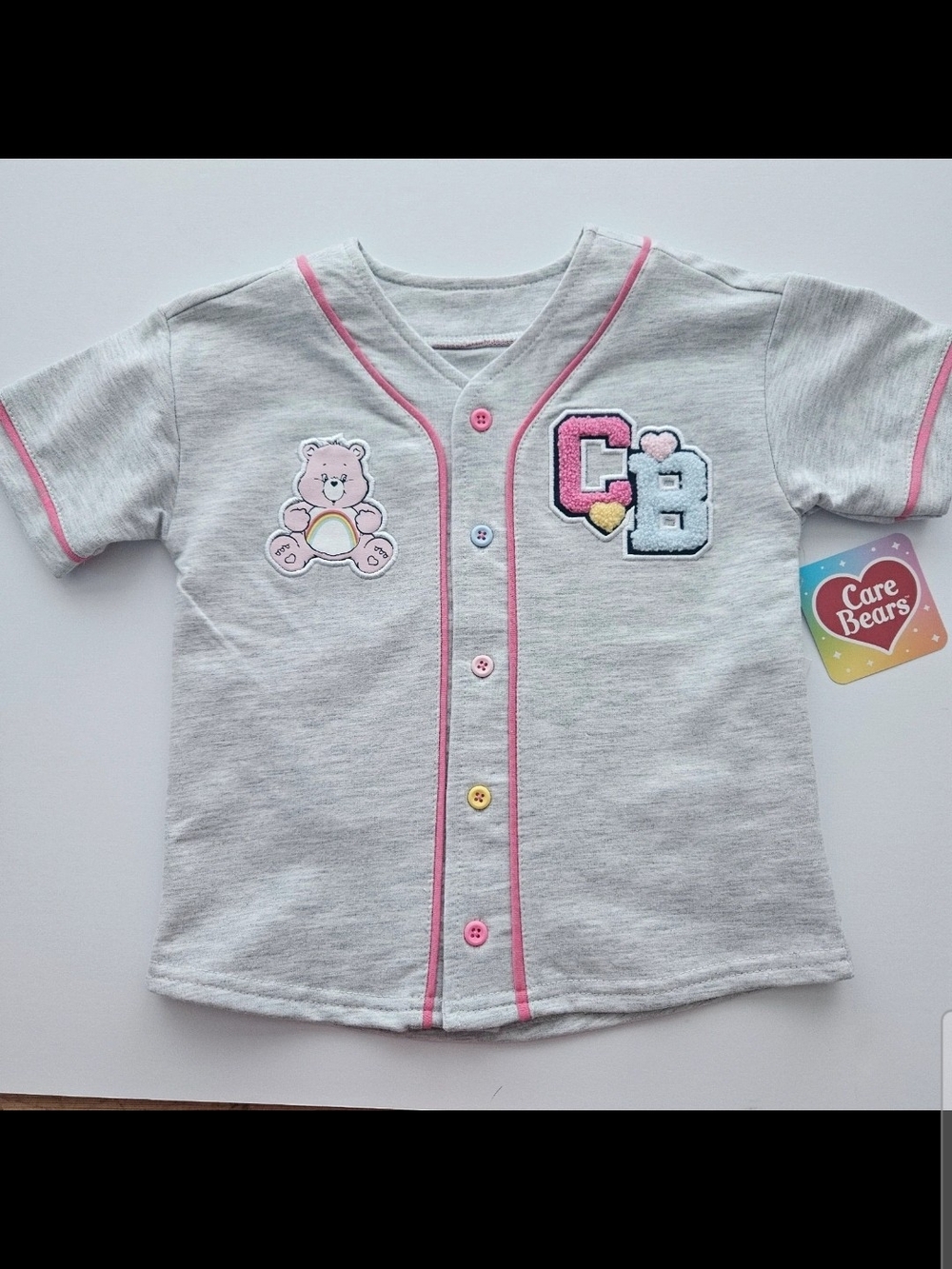 Care Bears Gray & Pink Button-Front Kids Baseball Tee